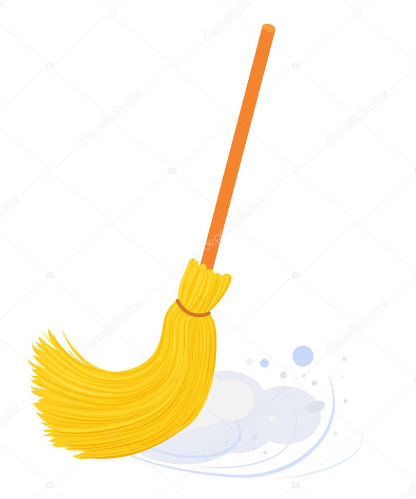 yellow broom with long wooden handle sweeping floor. Broom isolated on white, household implement from dust and dirt vector illustration
