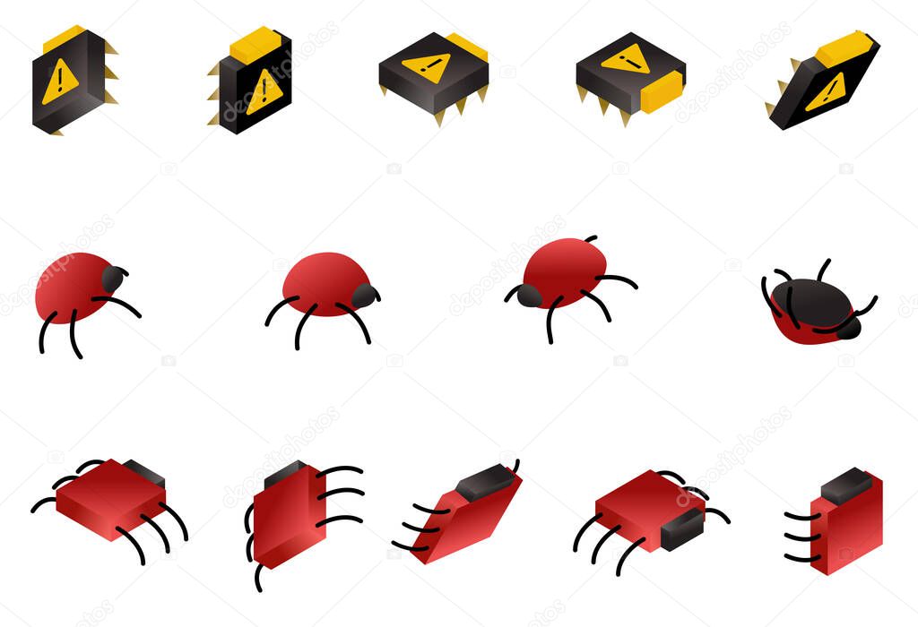Computer bug isometric icon set isolated on white. Symbols of digital virus and glitch. Vector data danger concept illustration.