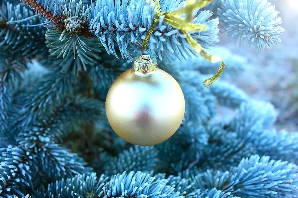 Jouet Boule Noël Doré Pèse Sur Une Branche Bleu Vert — Photo