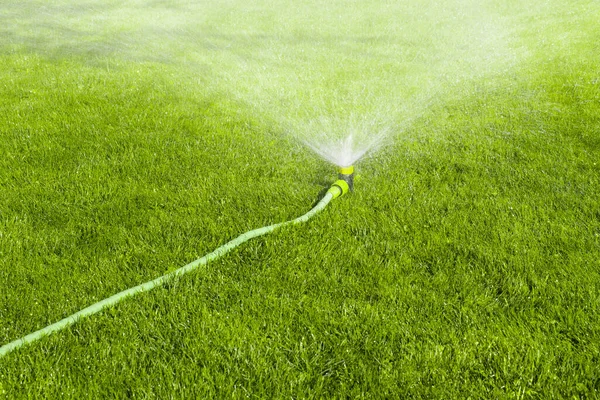 Lawn water sprinkler spraying water over grass in garden on a hot summer day.