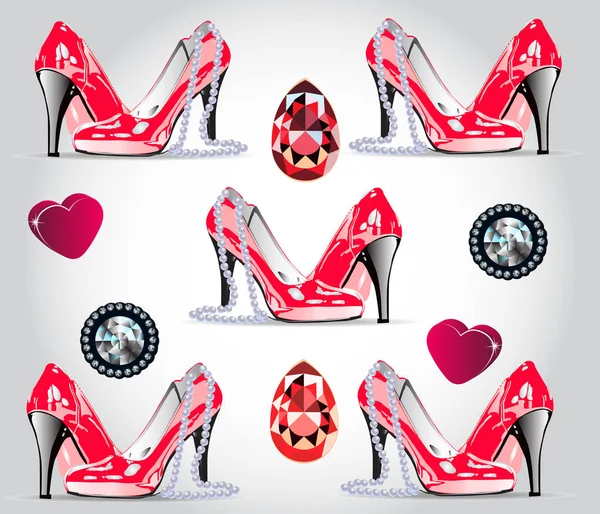 Гламурне Безшовне Батьківство Червоне Патентне Взуття Серця Алмази Рубіни Перлове — стокове фото