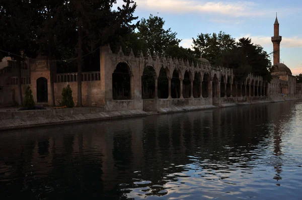 Mesquita Cidade Urfa Está Localizada Lago Que Peixes Estão Swarming — Fotografia de Stock