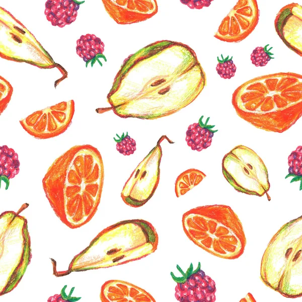 Fruta Inconsútil Patrón Brillante Con Frambuesas Rebanadas Mitades Peras Naranjas —  Fotos de Stock
