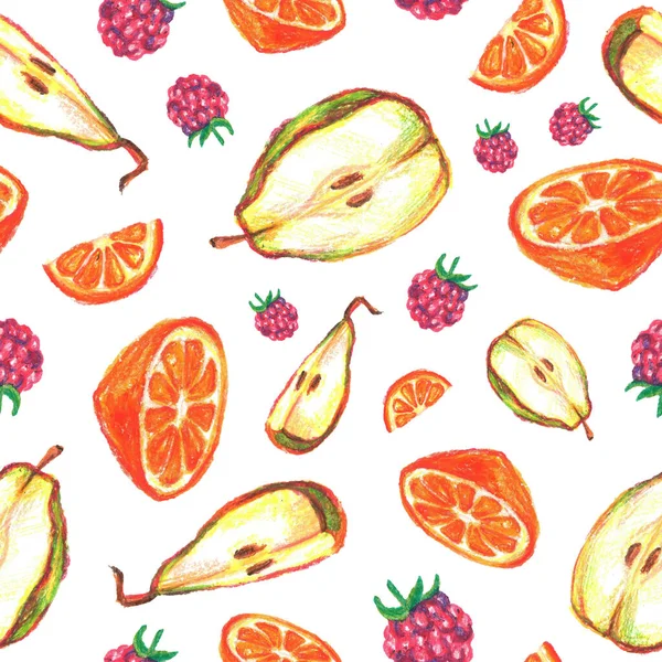 Seamless fruit bright pattern with raspberries, slices and halves of pears and oranges, painted with oil pastel. Everything is hand-drawn for fabrics, paper, invitations and decor.