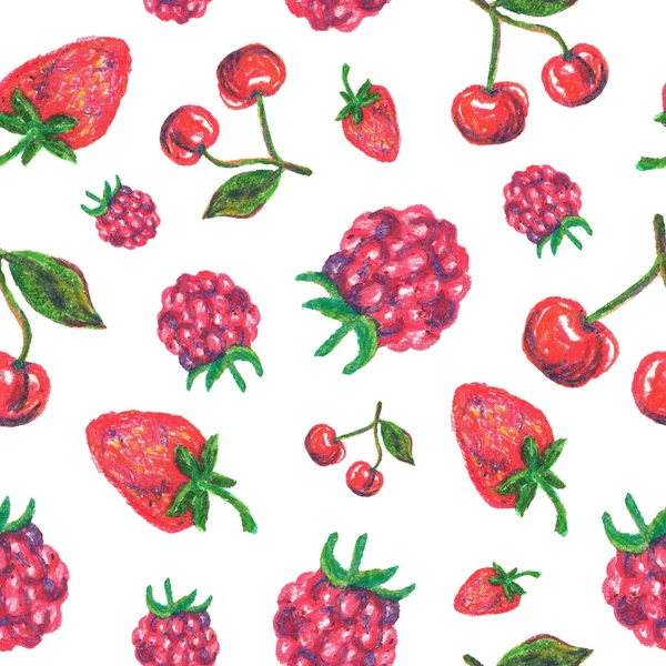 Patrón Brillante Fruta Sin Costuras Con Frambuesas Cerezas Fresas Pintadas —  Fotos de Stock