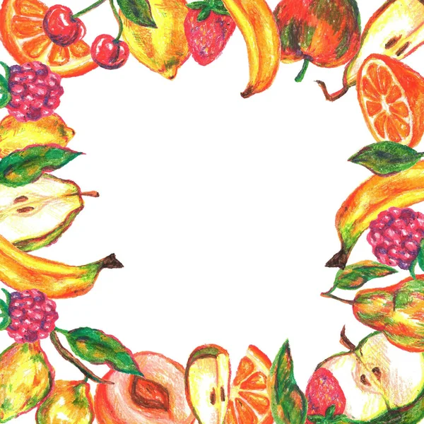 オイルパステルバナナ リンゴ オレンジ チェリー ラズベリー イチゴ レモンで塗装異なる果物と明るいフルーツフレーム すべては装飾とデザインのために手描きです — ストック写真