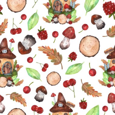 Orman evleri, ahududular, kirazlar ve kızılcıklar, ağaç testeresi kesimleri, kırmızı, yeşil ve gri renkli yapraklar. Tüm unsurlar dekorasyon ve tasarım için elle çizilmiştir..