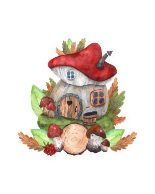 Kartpostallar ya da orman unsurları olan posterler için sevimli kompozisyonlar ve kırmızı, yeşil ve gri renkli mantarlı sıra dışı evler. Tüm unsurlar dekorasyon ve tasarım için elle çizilmiştir..