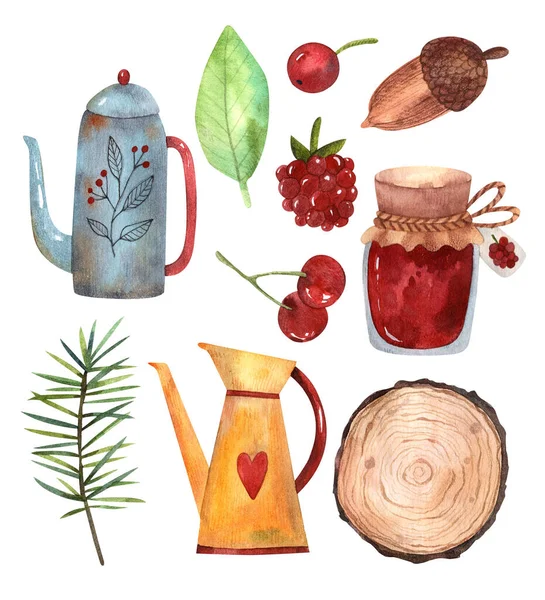 Cute forest elements jugs, saw cut tree, acorn, berries, jar of jam, leaf and sprig of spruce red, green and gray colors. All elements are hand-drawn for decoration and design.