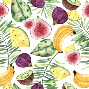 Suluboya yaprakları, meyveler, muzlar, incirler, kiviler ve el yapımı sarı karpuzlarla kusursuz bir desen.