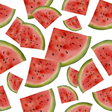 Sulu boya parçalarıyla kusursuz desen. Farklı boyutlarda kırmızı karpuz. Yüksek kalite ve el çizimi.