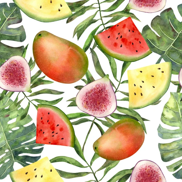 水彩熱帯モンスターの葉 ヤシやマンゴーの果物 イチジク 高品質と手描きで黄色と赤のスイカとシームレスなパターン — ストック写真