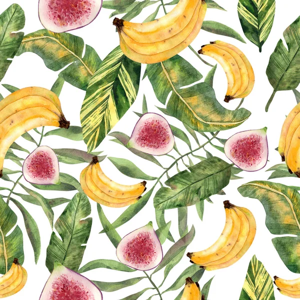Patrón Inconsútil Con Diferentes Hojas Tropicales Acuarela Frutas Plátanos Mitades —  Fotos de Stock