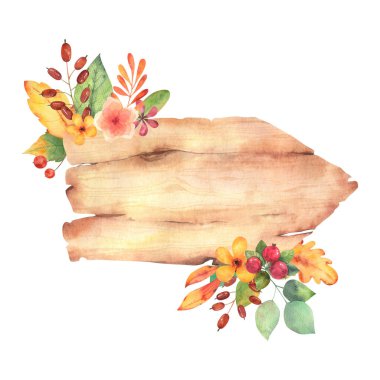 Sonbahar yaprakları, böğürtlen ve çiçek desenli suluboya tahta. Davetiyeler, kartlar, çıkartmalar ve tasarımlar için