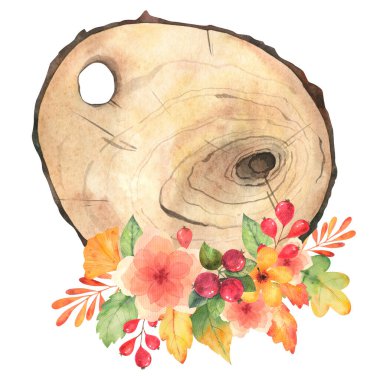 Sonbahar yaprakları, böğürtlen ve çiçeklerle süslenmiş suluboya bir ağaç. Davetiyeler, kartlar, çıkartmalar ve tasarımlar için