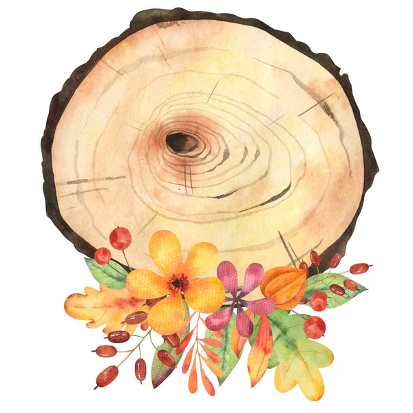 Sonbahar yaprakları, böğürtlen ve çiçeklerle süslenmiş suluboya bir ağaç. Davetiyeler, kartlar, çıkartmalar ve tasarımlar için