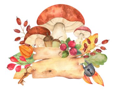 Suluboya plaklı sonbahar kompozisyonu, orman mantarları, böğürtlen yaprakları, sonbahar yaprakları, bitki salatası ve yüksek çözünürlüklü bir kilit. Kartlar, çıkartmalar, davetiyeler için tasarım
