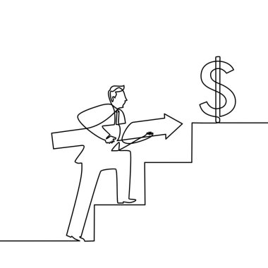 Sürekli bir çizgi çiziyor. Hedefe ulaş. İş adamı hedefe giden merdivenleri çıkıyor. İş illüstrasyonu kavramı merdivenleri tırmanmak için siyah ince bir çizgi. Vektör