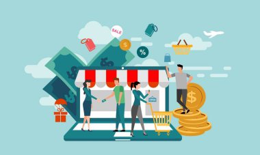 işlem insanları karakter konsept vektör illüstrasyonu. İş tokalaşması, telefon ve dizüstü bilgisayarla. Sabit bir yatırımcıda vektör illüstrasyonu fikirleri çevrimiçi hale getirir. - Vektör