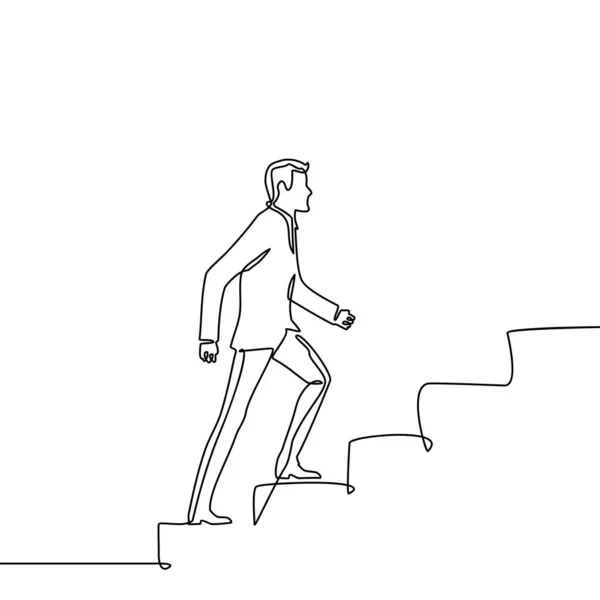 连续的单线绘图 到达目标 商人爬上通往目标的楼梯 概念业务向量说明黑色细线爬楼梯 — 图库矢量图片