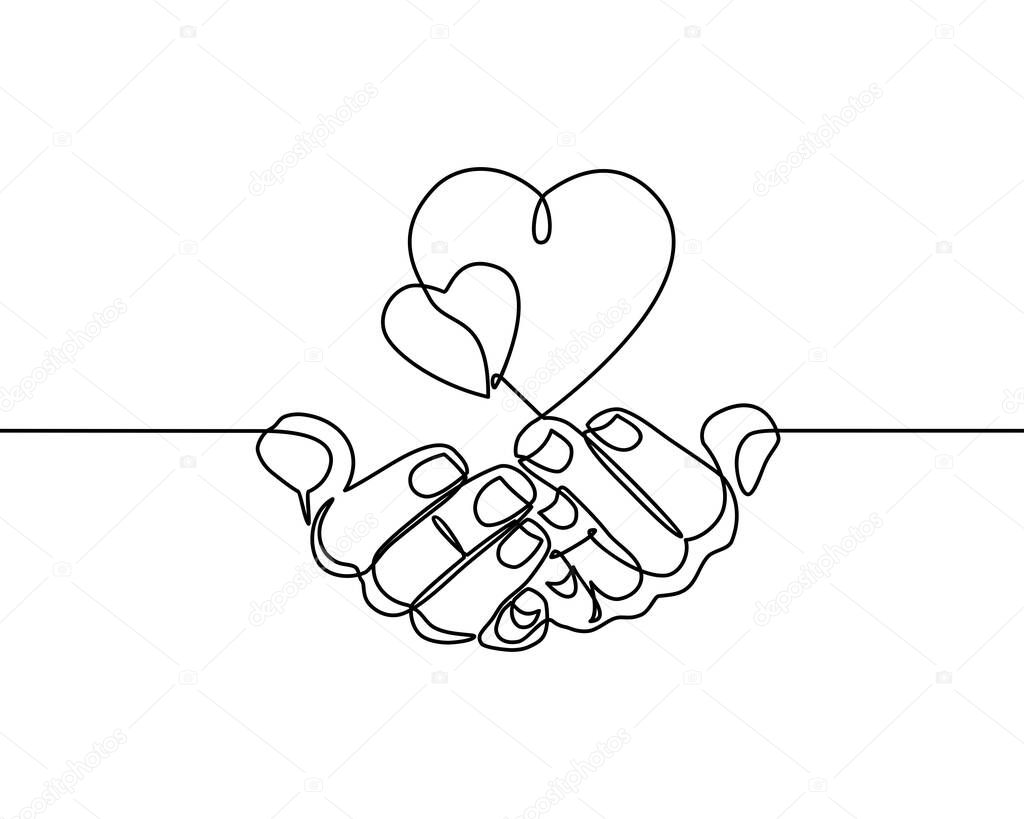 Continuous one line drawing. hands holding heart on white background. Black thin line of hand with heart image. - Vector
