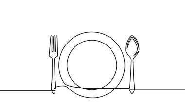 Bir çizginin devamlılığı. Çatallar, kaşıklar, bıçak tabakları ve tüm yemek ve pişirme aletleri restoran logoları, kekler, kartvizitler, afişler ve diğerleri için kullanılabilir. Siyah ve beyaz vektör çizimi