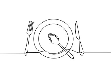 Bir çizginin devamlılığı. Çatallar, kaşıklar, bıçak tabakları ve tüm yemek ve pişirme aletleri restoran logoları, kekler, kartvizitler, afişler ve diğerleri için kullanılabilir. Siyah ve beyaz vektör çizimi