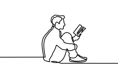 Devamlı çizgi çizimi. Çocuk kitap okuyarak çalışıyor. Okul konseptine geri dönelim. Beyaz arkaplanda vektör illüstrasyonu - Vektör