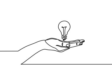 Sürekli bir çizgi çiziyor. Avuçlar ampulle yan yana. Siyah ve beyaz arka plan vektör çizimi. - Vektör