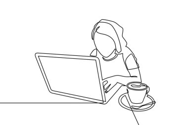 Oturan ve dizüstü bilgisayar izleyen kadınların durmaksızın çizimi. Kadınlar bilgisayarda çalışır. Vektör illüstrasyonu