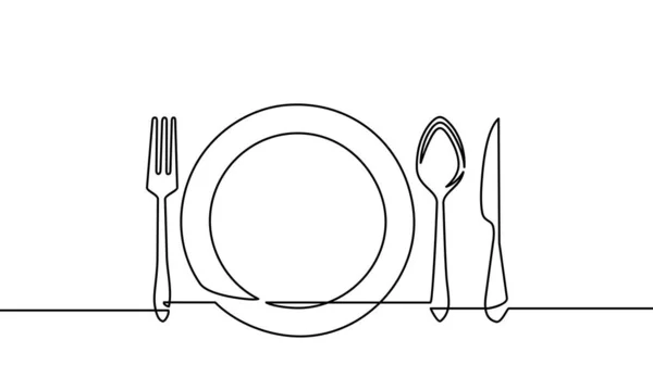 Continuous One Line Drawing Forks Spoons Knife Plates All Eating — Stock Vector