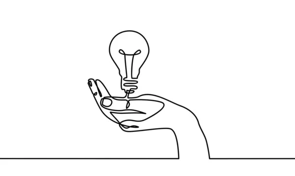 連続1線画 手は電球と一緒に手のひら 白黒の背景ベクトル図 ベクトル — ストックベクタ