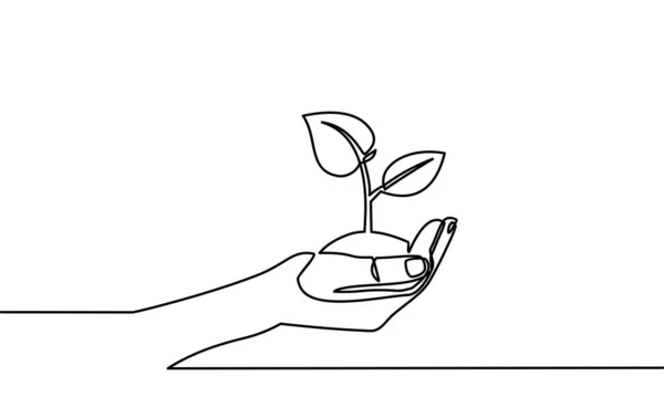 连续的单线绘图 展示植物生长的手 黑白背景矢量图解 — 图库矢量图片