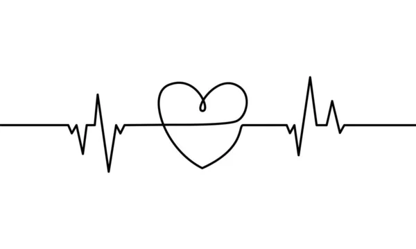 Trait Continu Fréquence Cardiaque Coeur Avec Battements Coeur Sur Fond — Image vectorielle