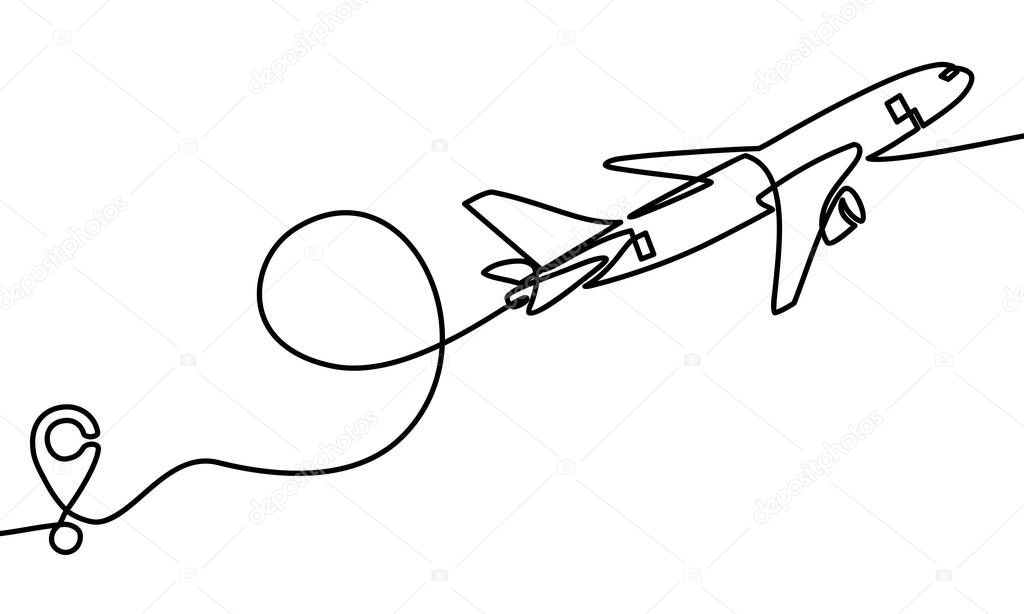 Continuous one line drawing. airplanes on the clouds. Black and white background vector illustration. - Vector