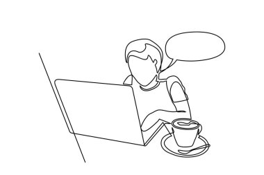 Bilgisayarın önünde fikir arayan bir adamın durmaksızın çizdiği çizgi. Erkekler bilgisayarda çalışır. Vektör illüstrasyonu - Vektör