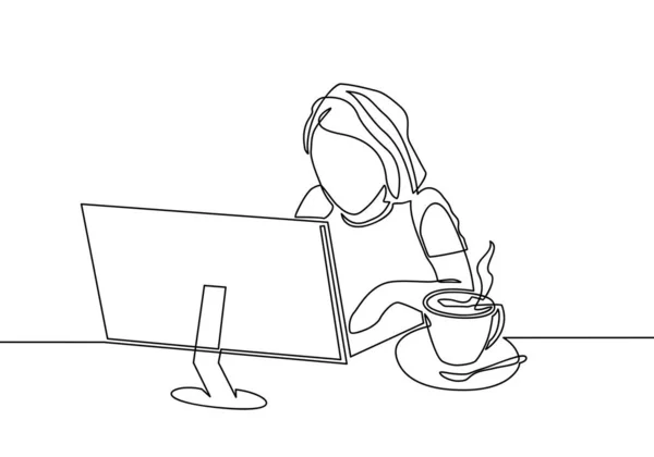 Continue Lijn Tekening Van Vrouwen Zitten Kijken Laptop Computer Vrouwen — Stockvector