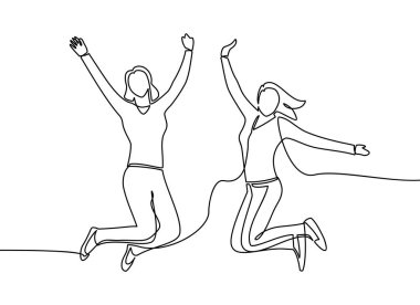 Havada zıplayan iki kadının durmaksızın çizdiği çizgi. Kadın izole edilmiş beyaz arka planda mutlu atlama. Vektör
