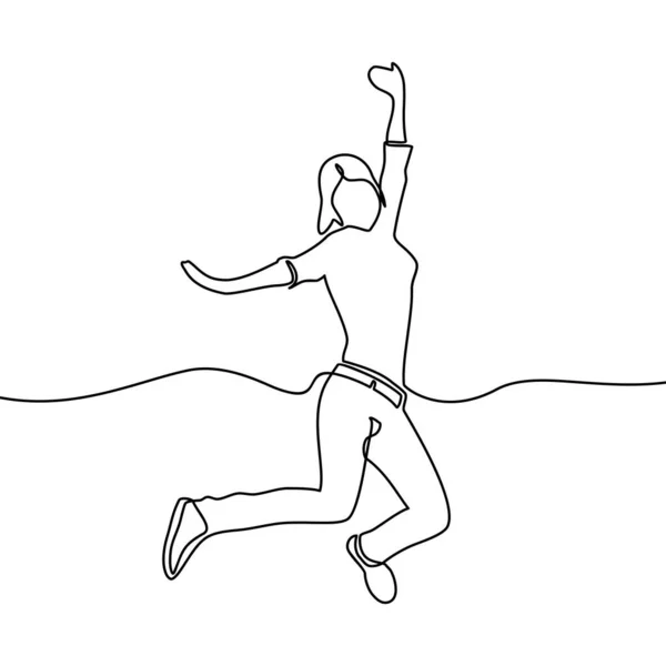 Kontinuerlig Ritning Kvinnan Lycklig Hoppning Luften Kvinna Glad Hoppa Isolerad — Stock vektor