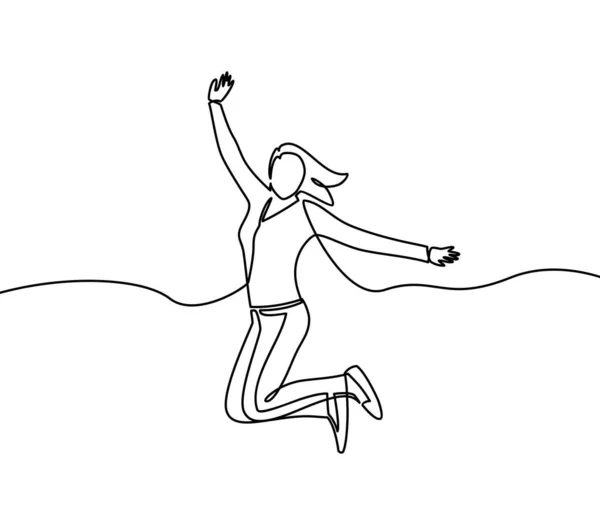 连续画线的女人高兴地跳起来 女人快乐地跳着孤独的白色背景 — 图库矢量图片