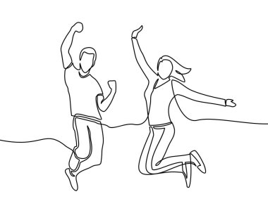 Mutlu zıplayan çiftin durmaksızın çizdiği çizgi. Beyaz arka planda izole edilmiş mutlu zıplayan çiftin iş konsepti çizimi