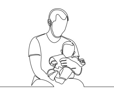 Sürekli aile çizimi, ebeveynlik ve insan konsepti - mutlu baba evde küçük bebekle oynuyor - vektör