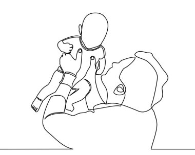 Sürekli aile çizimi, ebeveynlik ve insan konsepti - mutlu baba evde küçük bebekle oynuyor - vektör