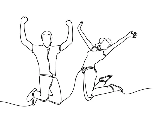 连续画线的快乐跳跃夫妇 白种人背景下的快乐跳跃伴侣的商业概念草图 — 图库矢量图片
