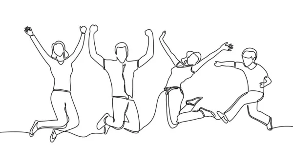 跳跃快乐团队成员的连续直线绘图 运动和人的概念 微笑的年轻朋友 跳到空中 快乐跳跃队的商业概念草图 — 图库矢量图片