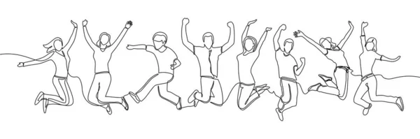 Disegno Linea Continua Saltare Membri Del Team Felice Felicità Libertà — Vettoriale Stock