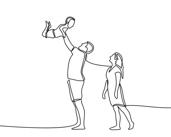 Непрерывное Рисование Линии Счастливого Отца Семьи Матери Одного Ребенка Играющего — стоковый вектор
