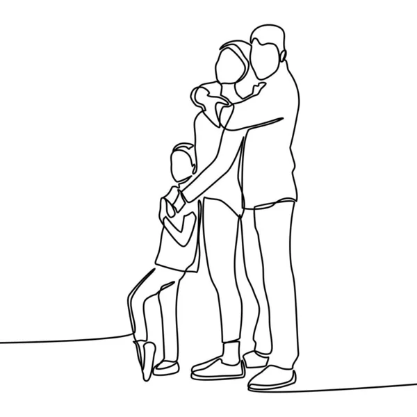 连续画线的快乐家庭的父亲 母亲和一个孩子在玩耍 — 图库矢量图片