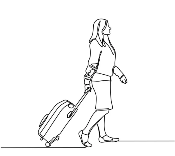 Línea Continua Dibujo Mujer Tirando Maletas Viajes Vacaciones Vector — Archivo Imágenes Vectoriales