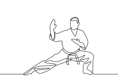 Sürekli bir erkek karate atleti çizimi. Erkek karate sporcuları hareketlerini beyaz arka plan üzerine yoğunlaştırıyorlar.